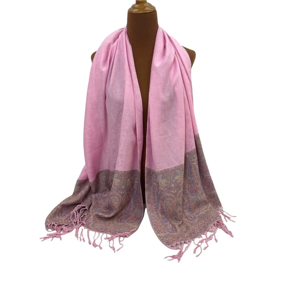 Pashmina‎ Scarf Light Pink Fringe Lavender Blue Paisley Design Soft Rectangle